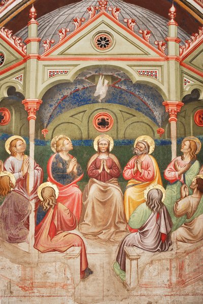 "Letnice", Detail s modlícími se svatými a Pannou Marií a holubicí, c.1420 (freska) od Master of Vignola