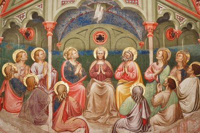 "Letnice", Detail s modlícími se svatými a Pannou Marií a holubicí, c.1420 (freska) od Master of Vignola