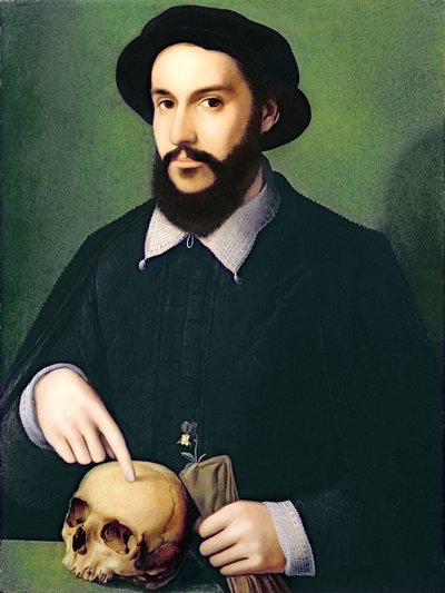 Portrét gentlemana s pravou rukou ukazující na lebku, kolem roku 1540 od Master of the 1540s
