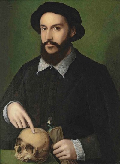 Portrét muže ukazujícího na lebku od Master of the 1540s