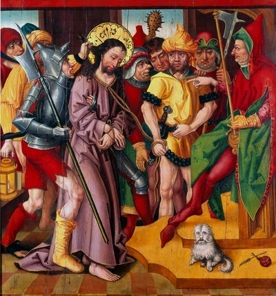 Ježíš před Herodem Antipasem Panel oltářního obrazu Umučení mistra v Karafiátu Bádenském (15. století) Dijon, Muzeum výtvarných umění od Master of the Baden Carnation