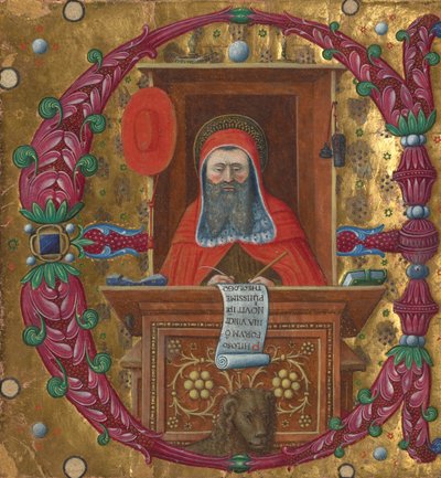 Iniciála E: Svatý Jeroným ve své pracovně od Master of the Birago Hours
