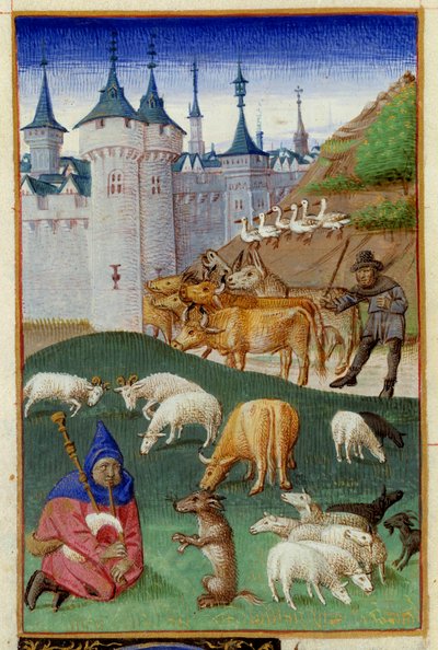 Hospodářská zvířata a hráči na dudy Miniatura převzatá z „The Rustican nebo Book of Country and Rural Profit“ od Pietra de Crescenzi (Cescent Stone nebo Crescens Stone) (1233-1320) osvícená mistrem Boccace ze Ženevy jménem Colin d