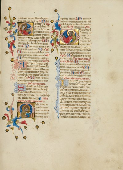 Iniciála E: svatá Lucie; iniciála M: svatý Tomáš; iniciála D: Kázání svatého Tomáše od Master of the Brussels Initials