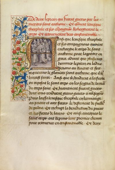 Úvod A: Tělo svatého Antonína převezené do Konstantinopole a uzdravení dvou malomocných po dotyku světcova těla od Master of the Brussels Romuléon