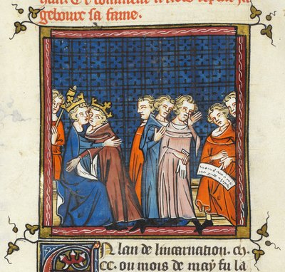Philip Augustus a anglický král Jan uzavírají mír, ilustrace z 