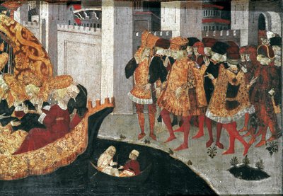 Decameron de Boccaccio (Jean Boccaccio): Chatelain Pericone vítá Alatiel, dceru babylonského sultána Beminedaba a její apartmá na ostrově Mallorca (Pericone da Visalgo vítá Alatiel dceru Beminedaba, babylonského sultána, na ahoj od Master of the Cassoni