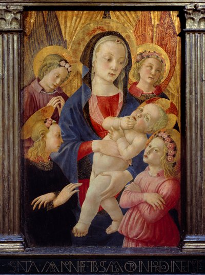 Panna a dítě obklopené čtyřmi anděly. Obraz Mistra Narození Castello Ec. Ital. od Master of the Castello Nativity