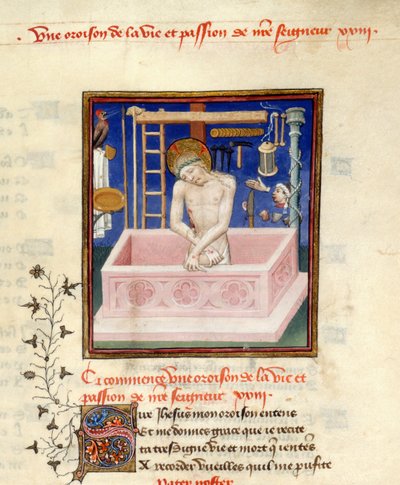 Detail miniatury Krista jako Muže bolesti na začátku modlitby ke Kristu, Harley 4431, f.257, z 