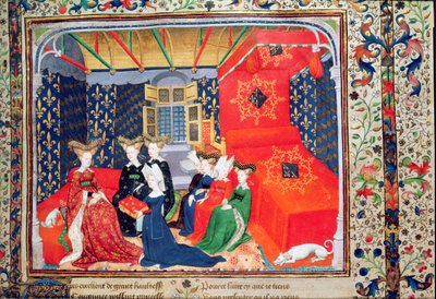 Harl 4431 fol. 3 Christine de Pisan představuje svou knihu královně Isabelle Bavorské, z básní Christine de Pisan, c.1410-15 (vellum) od Master of the Cité des Dames