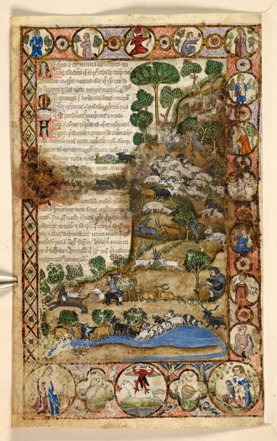 Přidat. 28841, f.1v: Geometrické celostránkové hranice kosodélníků, rondelů a čtyřlístek obývaných zvířaty a figurální výjevy: Pastýři hlídající ovce a kozy a bojující s vlky, červený čert stojící na koni v hranici, z pamlsku od Master of the Cocharelli Codex