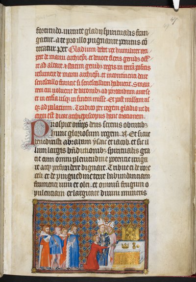 Bavlna Tiberius B. VIII f.49r Král obětující meč na oltáři, ilustrace z 