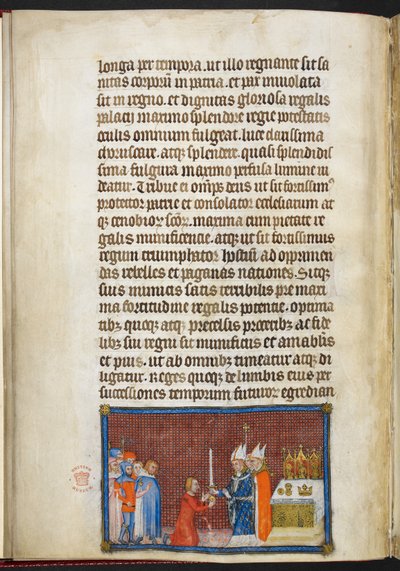 Cotton Tiberius B. VIII f.49v Arcibiskup z Remeše vrací meč králi, ilustrace z „Korunovační knihy Karla V., krále francouzského“ od Master of the Coronation Book of Charles V