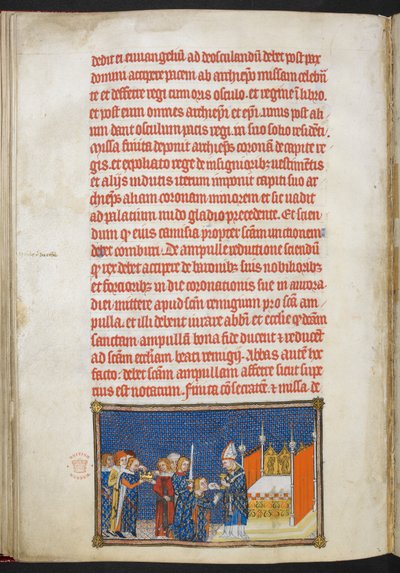 Cotton Tiberius B. VIII f.65v Král Karel V. klečící jako arcibiskup z Remeše si vkládá hostii do úst, ilustrace z „Korunovační knihy Karla V., krále francouzského“ od Master of the Coronation Book of Charles V