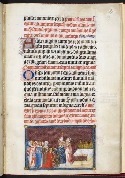 Bavlna Tiberius B. VIII f.69r Královna přebírající žezlo a virga, z 