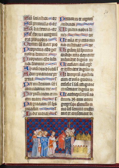 Bavlna Tiberius B. VIII f.73r, Arcibiskup z Remeše žehná Oriflamme, ilustrace z „Korunovační knihy Karla V., krále francouzského“ od Master of the Coronation Book of Charles V