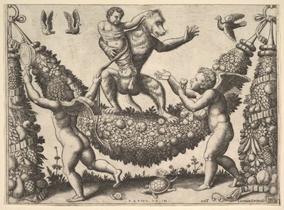 Opice držící svázaného putta stojící na girlandě, před níž jsou dva okřídlené p..., 1530-60. od Master of the Die