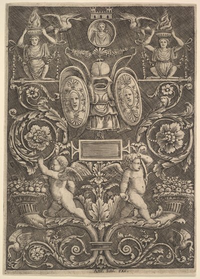 Panel ornamentu, putti stojící na roh hojnosti v dolní části, 1530-60. od Master of the Die