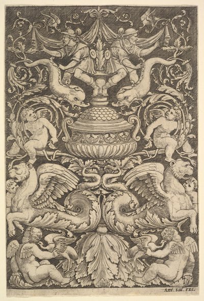 Panel ornamentu s velkou nádobou uprostřed, putti a dalšími figurami, 1530-60. od Master of the Die
