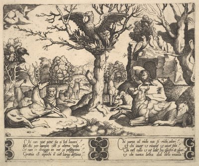 Fénix seděl na vrcholu stromu, křídla rozevřená, pod ním řada zvířat, 1530-60. od Master of the Die