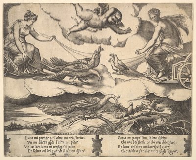 Alegorie manželství a lásky, Juno ve voze taženém pávy vlevo, Venuše v ..., 1530-60. od Master of the Die