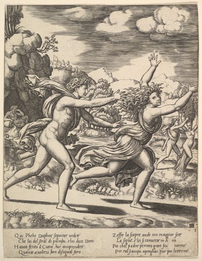 Apollo pronásleduje Daphne, která rozhazuje ruce, v pozadí vpravo ukazuje moma..., 1530-60. od Master of the Die
