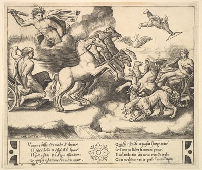 Apollo na svém voze taženém koněm vlevo, nad ním nad Jupiterem hází hrom..., 1530-60. od Master of the Die