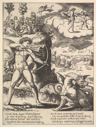 Apollo stojící vlevo střílí na krajtu šípem, nahoře vlevo jsou múzy..., 1530-60. od Master of the Die