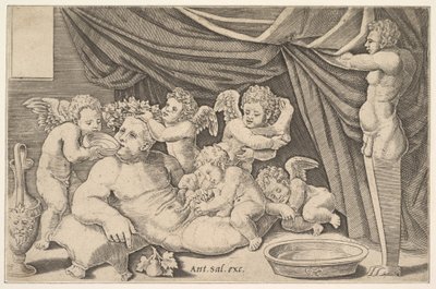 Bacchus obklopený Puttim, socha Priapa vpravo, 1530-60. od Master of the Die