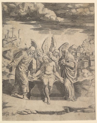 Kristus sedící na hrobě podepřený anděly, 1530-60. od Master of the Die