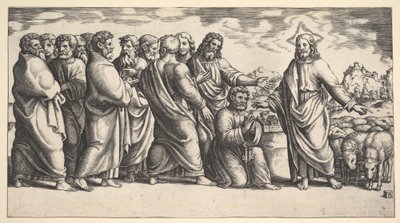 Kristus stojící vlevo ukazuje na stádo ovcí, před ním klečí sv. Petr hol..., 1530-60. od Master of the Die