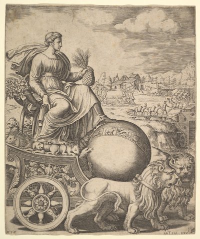 Cybele ve svém voze taženém dvěma lvy, 1530-60. od Master of the Die