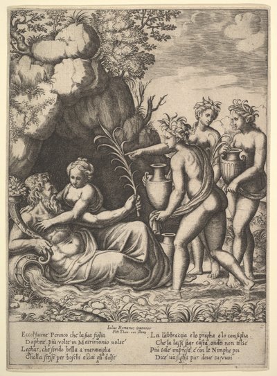 Daphne objímá svého otce, říčního boha Penea, vlevo tři nymfy přinášejí sklenice ..., 1530-60. od Master of the Die