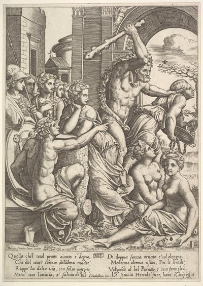 Závist nebo hrabivost vpravo vyháněna z chrámu Múz Herkulem, který ..., 1530-60. od Master of the Die