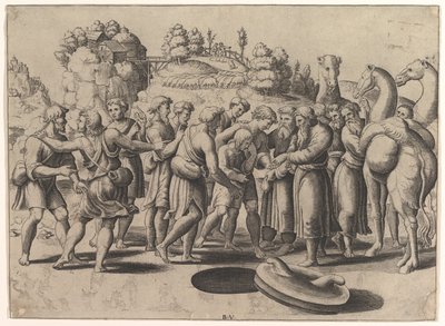 Josefa uprostřed prodávají jeho bratři stojící nad studnou, vpravo velbloudi, 1533. od Master of the Die