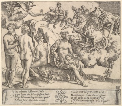 Jupiter padající z kočáru taženého koněm vpravo, Ganymede v podobě orla..., 1530-60. od Master of the Die
