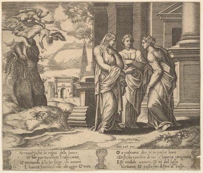 Deska 15: Psyché vypráví své neštěstí svým sestrám, z Bájky o psychice, 1530-60. od Master of the Die