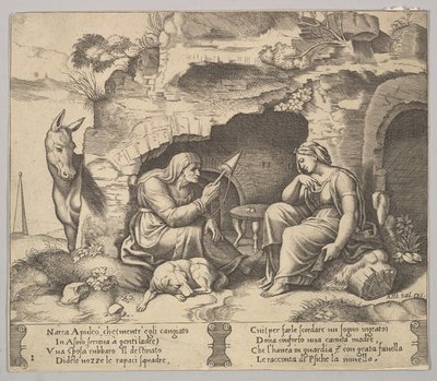 Deska 1: Apuleius se změnil v osla a naslouchal příběhu staré ženy sp..., 1520-70. od Master of the Die