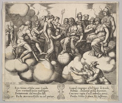 Deska 30: Venuše a Cupid prosí svůj případ v přítomnosti Jupitera a jiných bohů..., 1530-60. od Master of the Die