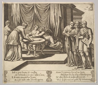 Talíř 8: Psyché sedící u stolu a obsluhovaní neviditelnými služebníky, Eros vedle g..., 1530-60. od Master of the Die