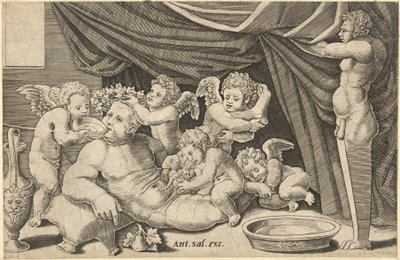 Zrcadlo římské velkoleposti: Bacchus Obklopen Putti s Priapem držícím ..., 16. století. od Master of the Die