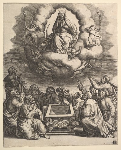 Nanebevzetí Panny Marie, dole kolem hrobu apoštolů, 1530-60. od Master of the Die
