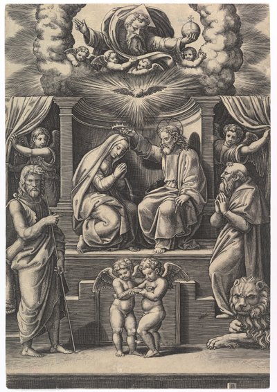 Korunovace Panny Marie, vlevo dole stojí sv. Jan Křtitel, vpravo dole ..., 1530-60. od Master of the Die