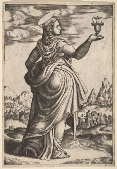 Magdalena stojící čelem doprava, sklenice držená ve zvednuté pravé ruce, 1530-60. od Master of the Die