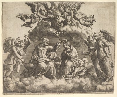Korunovace Panny Marie, Kristus drží korunu nad její hlavou, Bůh Otec žehnej..., 1532. od Master of the Die