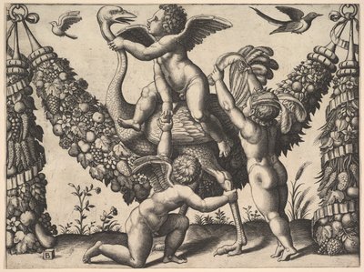 Tři putti před velkou girlandou, ten uprostřed jede na pštrosovi, z ..., ca. 1530-40. od Master of the Die