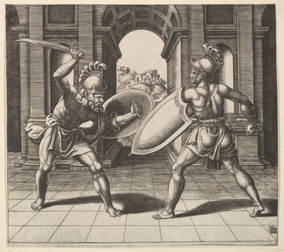Dva gladiátoři bojující před obloukem, 1530-60. od Master of the Die