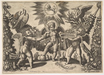 Dva putti předkládající poháry plné zlata puttovi v masce boha bohatství..., ca. 1530-40. od Master of the Die