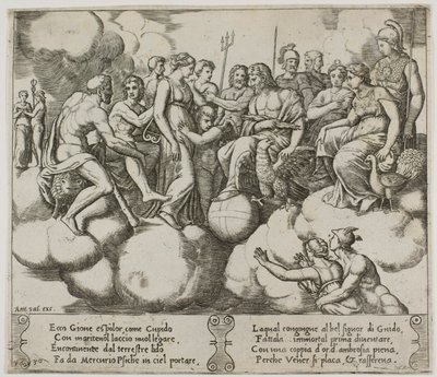 Venuše a Amor prosí svou věc v přítomnosti Jupitera a jiných bohů od Master of the Die