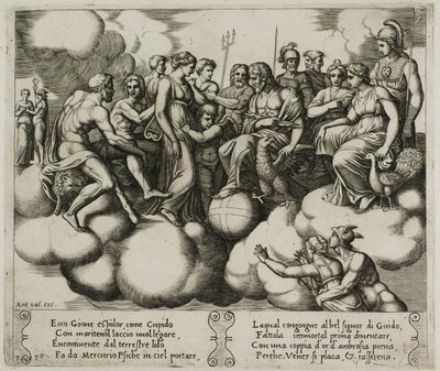 Venuše a Amor prosí svou věc v přítomnosti Jupitera a jiných bohů od Master of the Die
